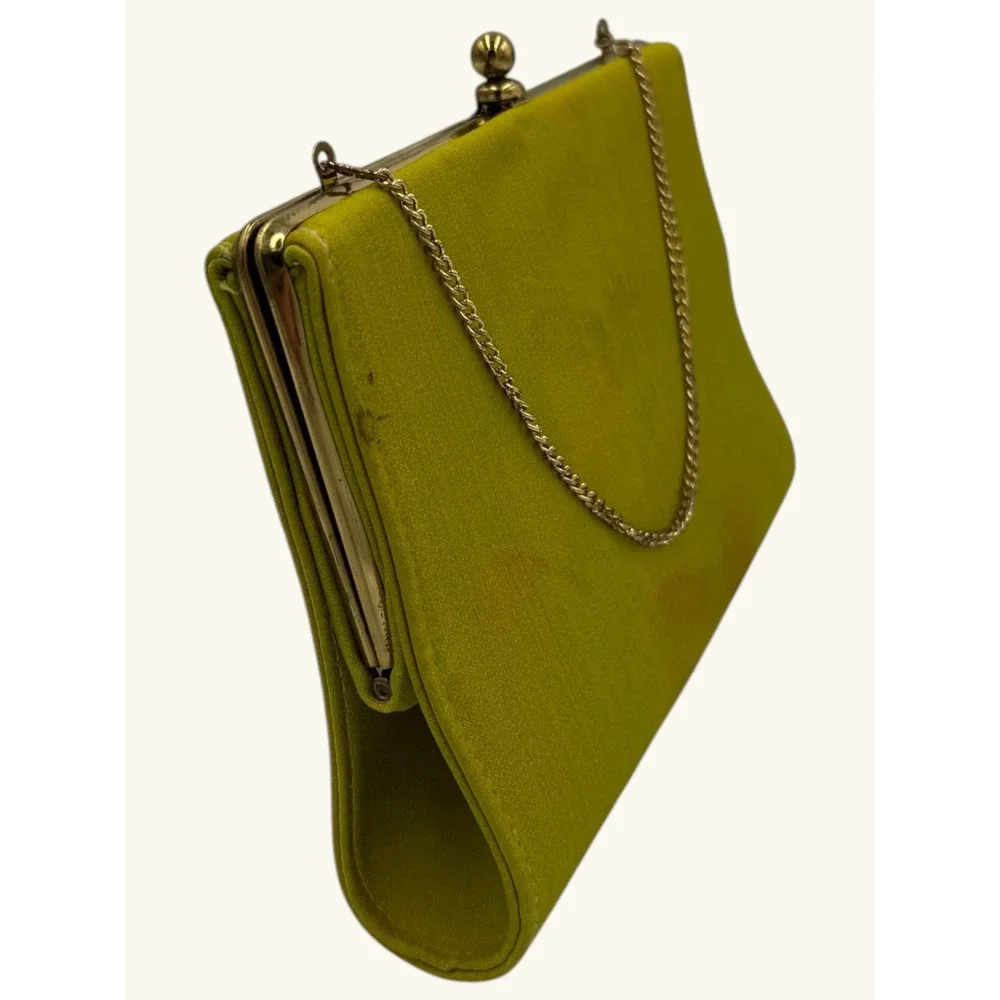 Vintage Chartreuse Green Silk Clutch Bag Gold Chain Strap Evening Purse